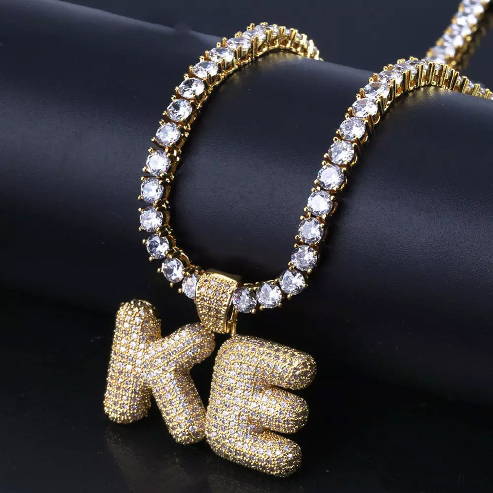 Custom Bubble Letters Initial White Gold Finish A-Z Alphabet Full Iced Out 14k