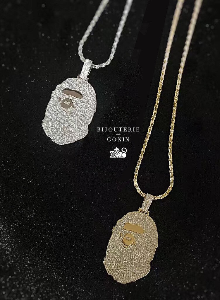micro bape necklace pendant and chain fully iced