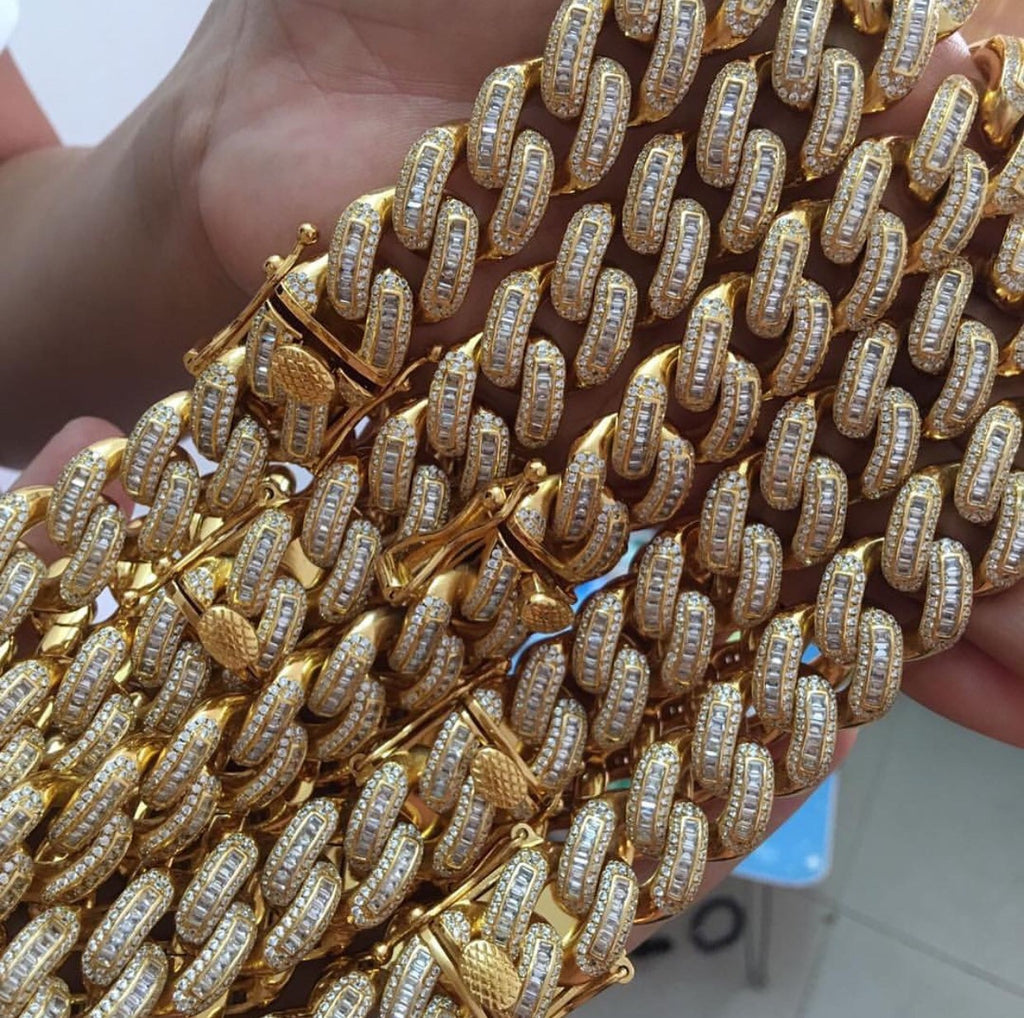 Hip Hop Jewelry 14K Gold Silver Plated Iced out CZ Big Dog Miami Baguette Cuban Chain Necklace for Men