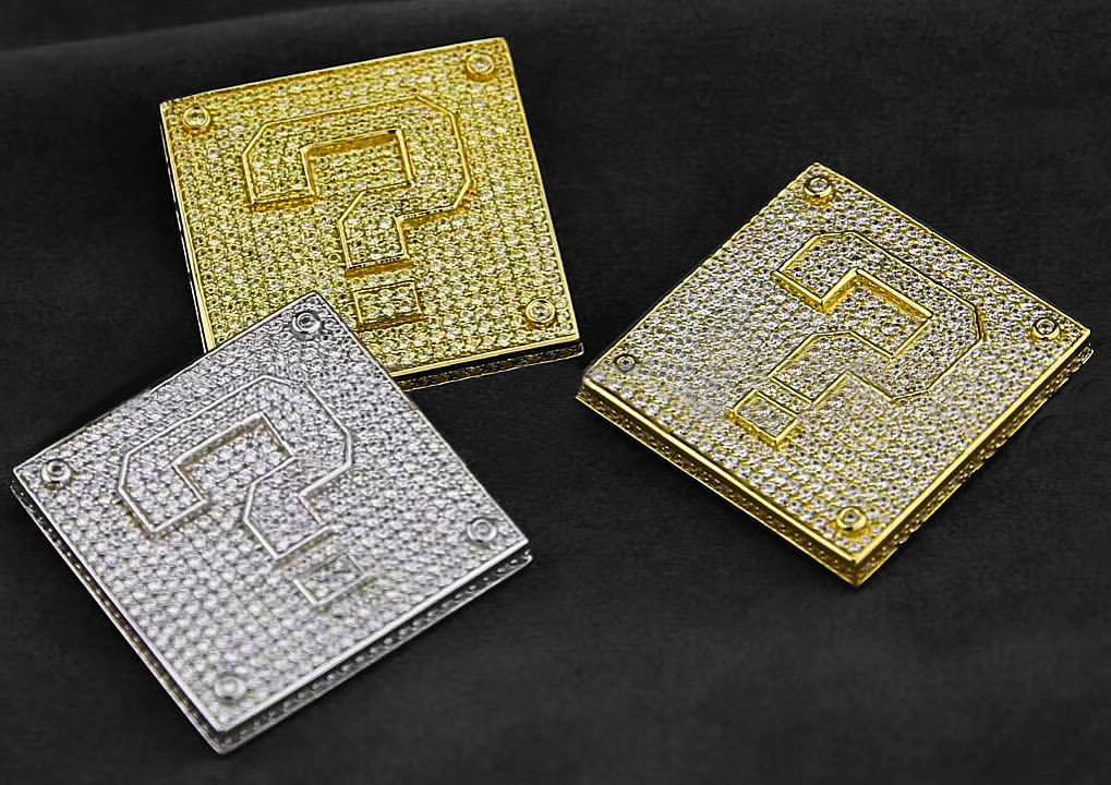 mario question block pendant necklace chain in diamond