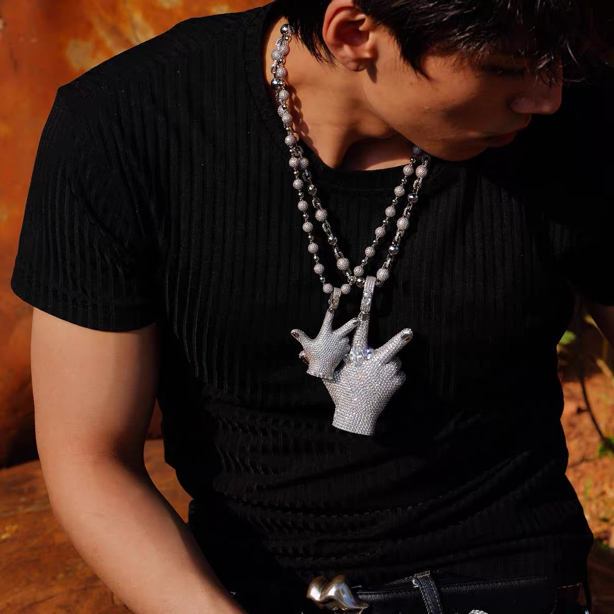 Custom fully iced Playboi Carti YVL Hand Sign Pendant - Small