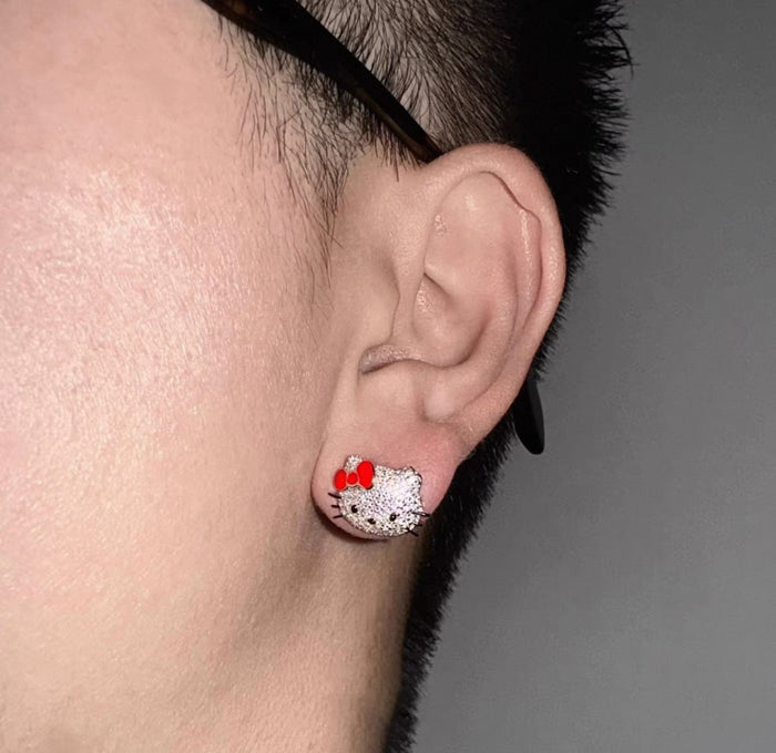 custom gdragon GD hello kitty stud earring diamond red Sanrio HELLO KITTY diamond peaceminusone fully iced stud earring benballer ifandco kylie jenner travis cardi b