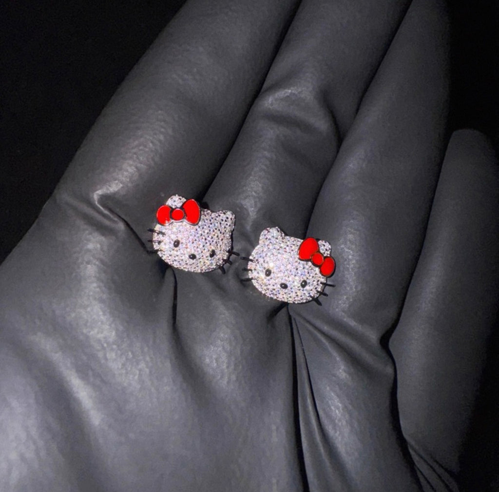 exact original custom gdragon GD hello kitty stud earring diamond red Sanrio HELLO KITTY diamond peaceminusone fully iced stud earring benballer ifandco kylie jenner travis cardi b