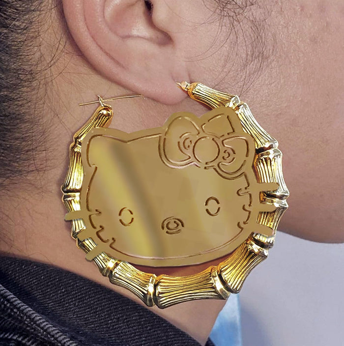 ghetto bamboo hoop earrings hello kitty 10k 18k 14k gold hip hop cardib earrings custom 