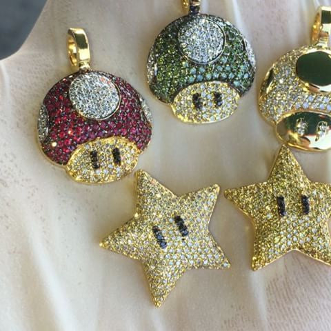 Mario mushroom star pendant with chain necklace micro size