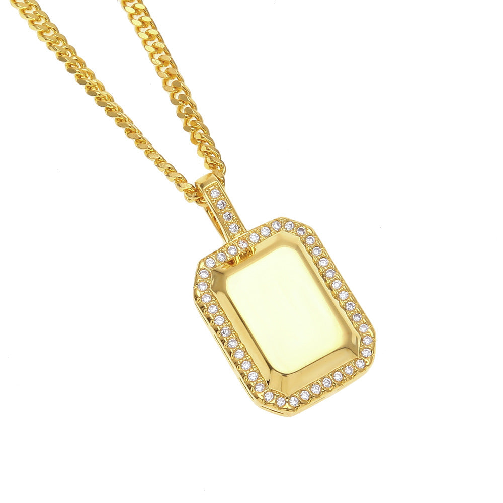 Iced Out Dog Tag Bar Style Pendant Simulated Diamonds Free Chain Charm