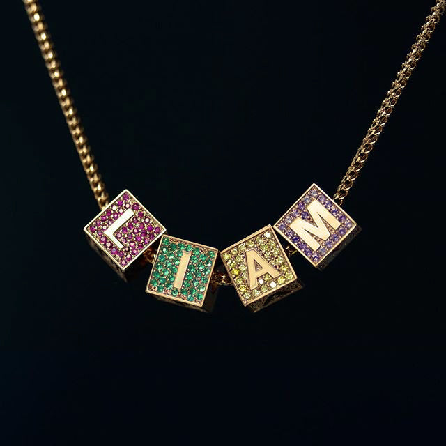 18k gold Solid Baby blocks letter pendant necklace chain ifandco diamond