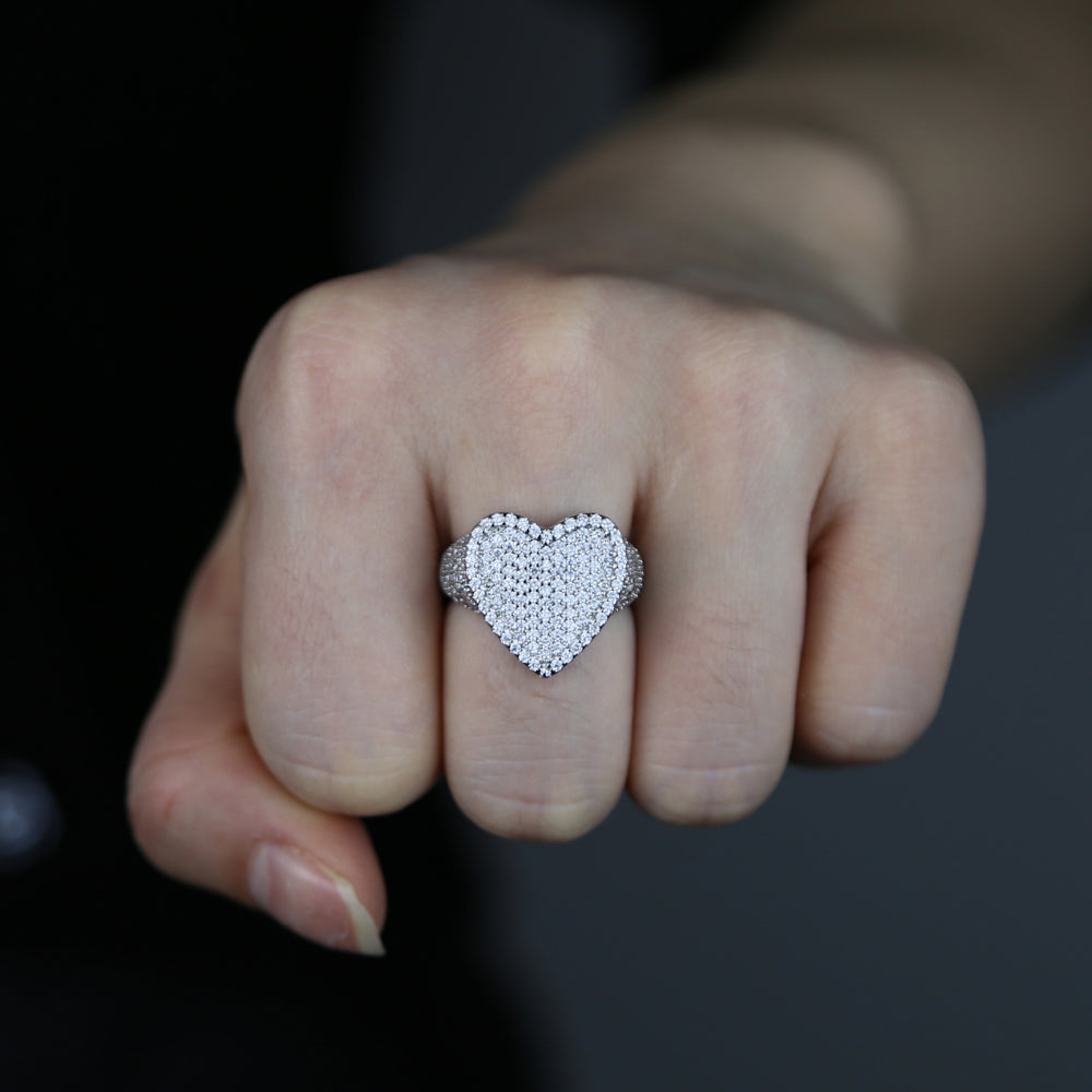 Fully iced 3D heart ring White Gold fashion nova shein coachella diamond ring hip hop jewelry rapper