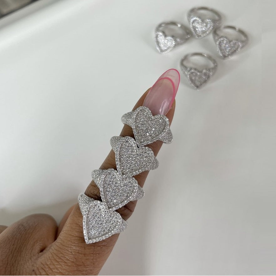 Fully iced 3D heart ring White Gold fashion nova shein coachella diamond ring hip hop jewelry rapper