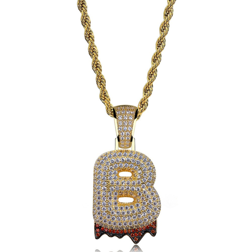 Custom Bubble Letters Initial A-Z Alphabet RED fire flame dripping cardi b drip drip diamond necklace 14K GOLD silver