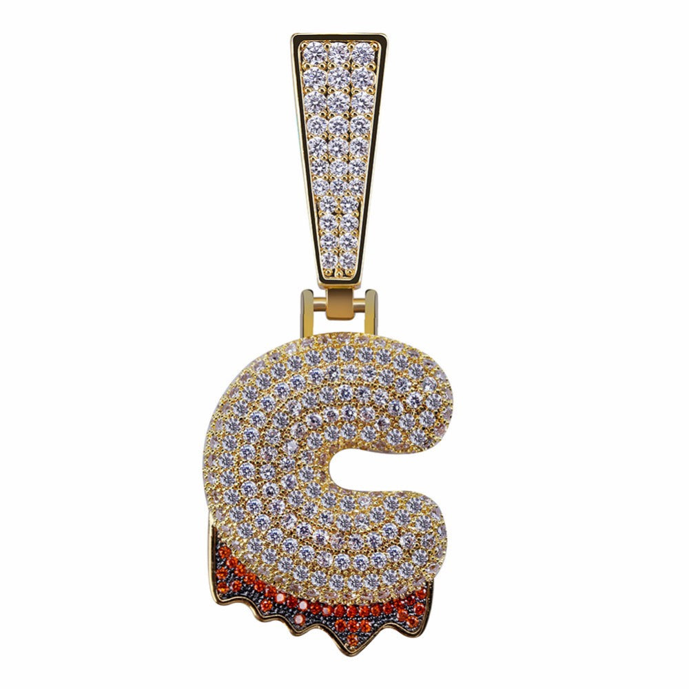 Custom Bubble Letters Initial A-Z Alphabet RED fire flame dripping cardi b drip drip diamond necklace 14K GOLD silver