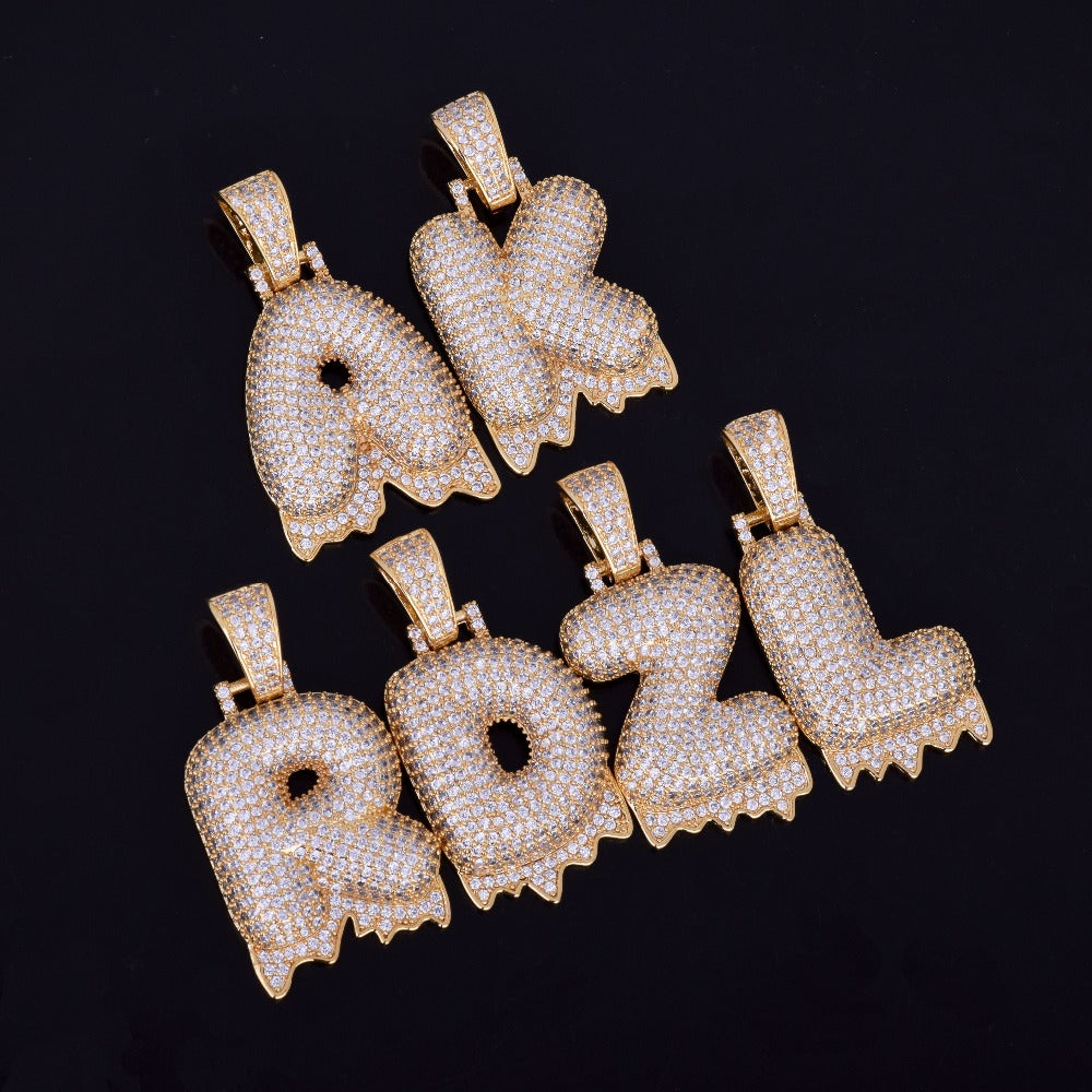 Custom Bubble Letters Initial A-Z Alphabet fire flame dripping cardi b drip drip diamond necklace 14K GOLD silver