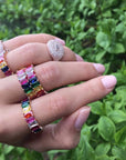 Gold filled rainbow square baguette engagement ring eternity band ring