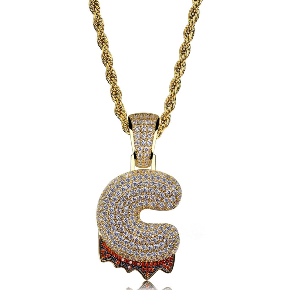 Custom Bubble Letters Initial A-Z Alphabet RED fire flame dripping cardi b drip drip diamond necklace 14K GOLD silver