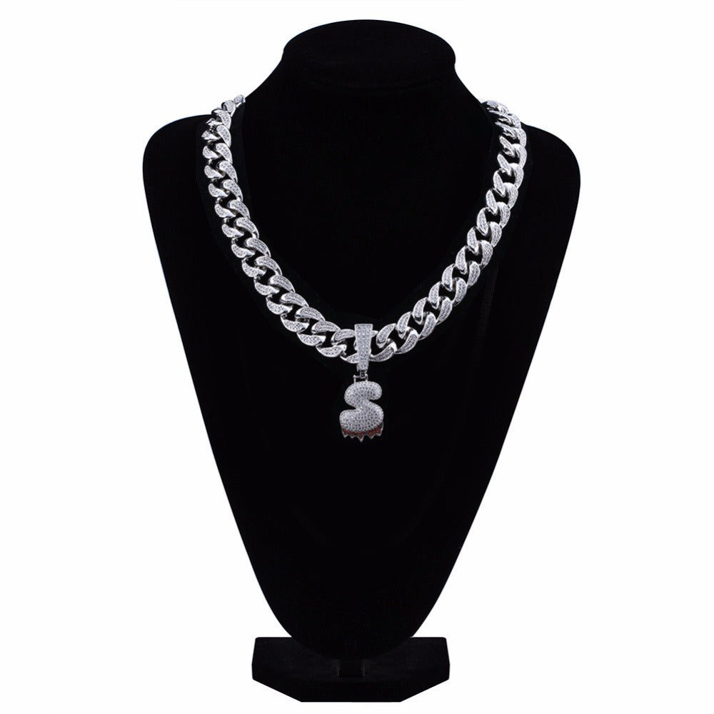 Custom Bubble Letters Initial A-Z Alphabet RED fire flame dripping cardi b drip drip diamond necklace 14K GOLD silver
