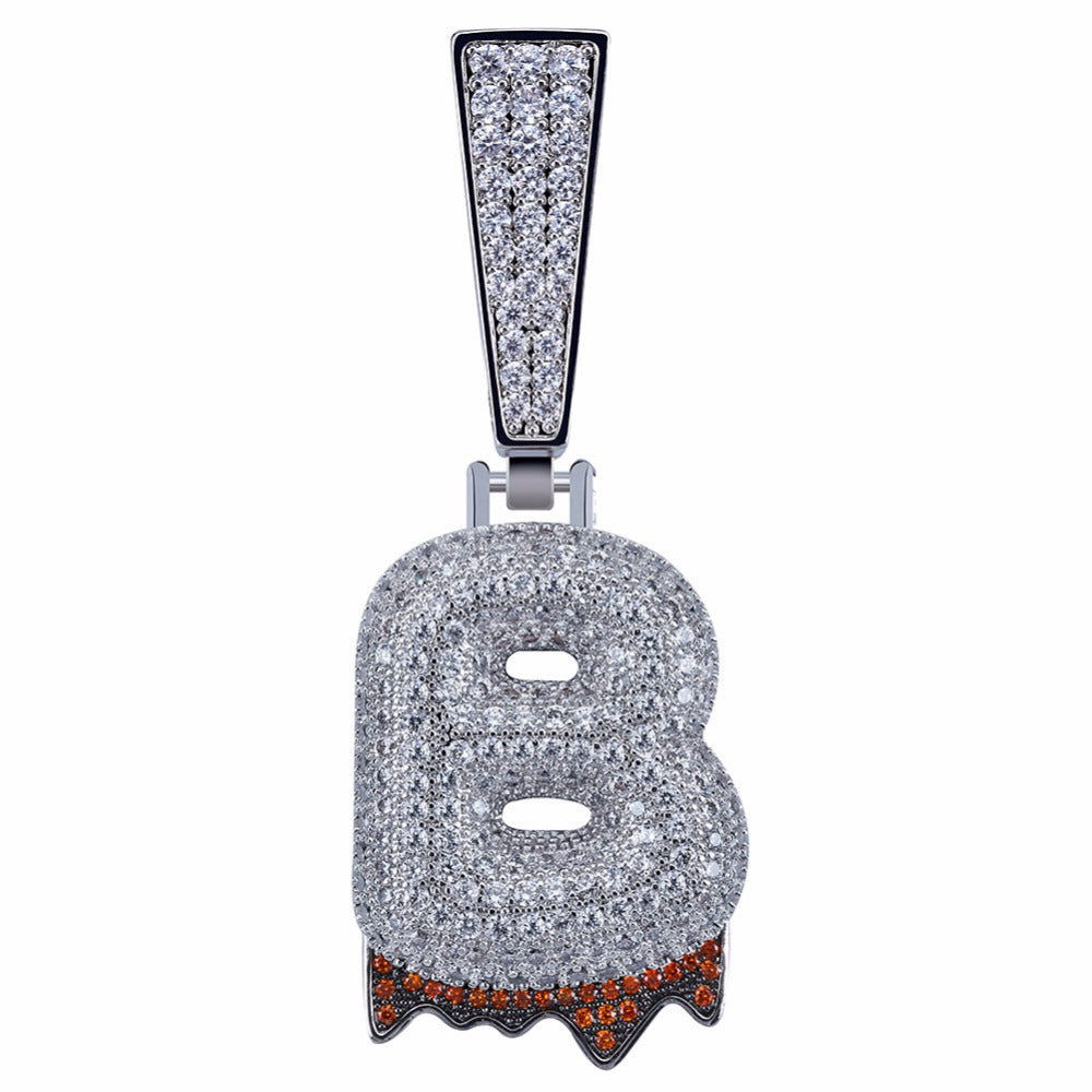 Custom Bubble Letters Initial A-Z Alphabet RED fire flame dripping cardi b drip drip diamond necklace 14K GOLD silver
