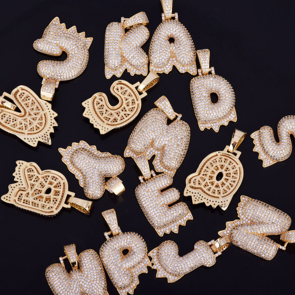 Custom Bubble Letters Initial A-Z Alphabet fire flame dripping cardi b drip drip diamond necklace 14K GOLD silver