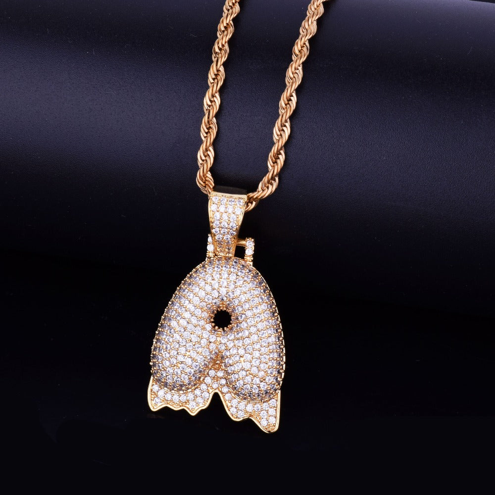Custom Bubble Letters Initial A-Z Alphabet fire flame dripping cardi b drip drip diamond necklace 14K GOLD silver