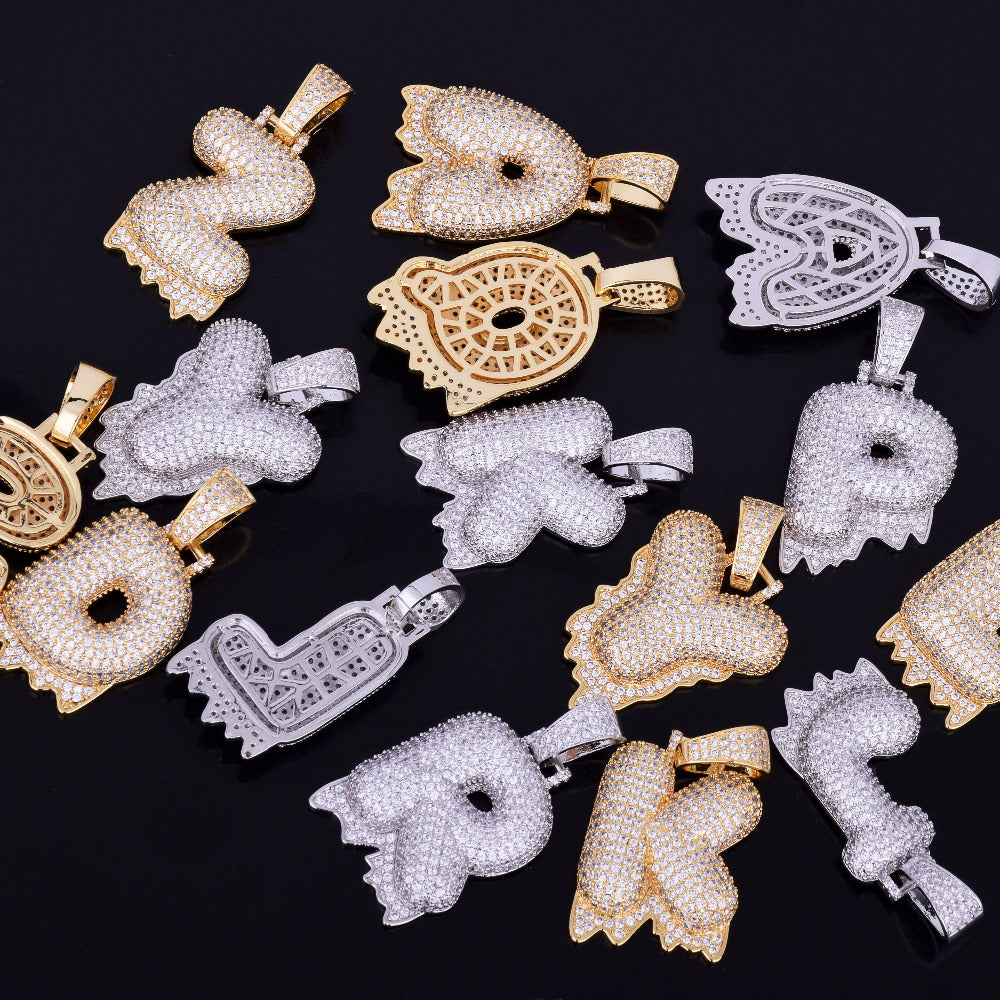 Custom Bubble Letters Initial A-Z Alphabet fire flame dripping cardi b drip drip diamond necklace 14K GOLD silver