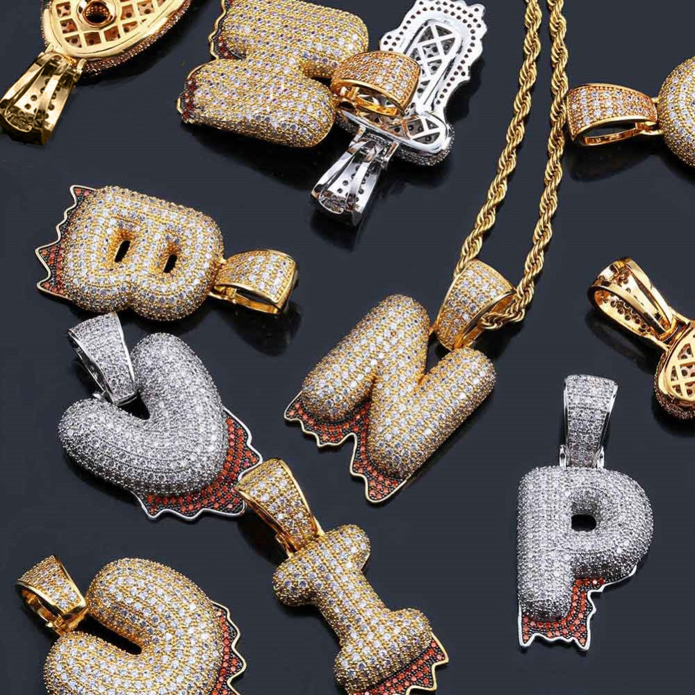 Custom Bubble Letters Initial A-Z Alphabet RED fire flame dripping cardi b drip drip diamond necklace 14K GOLD silver