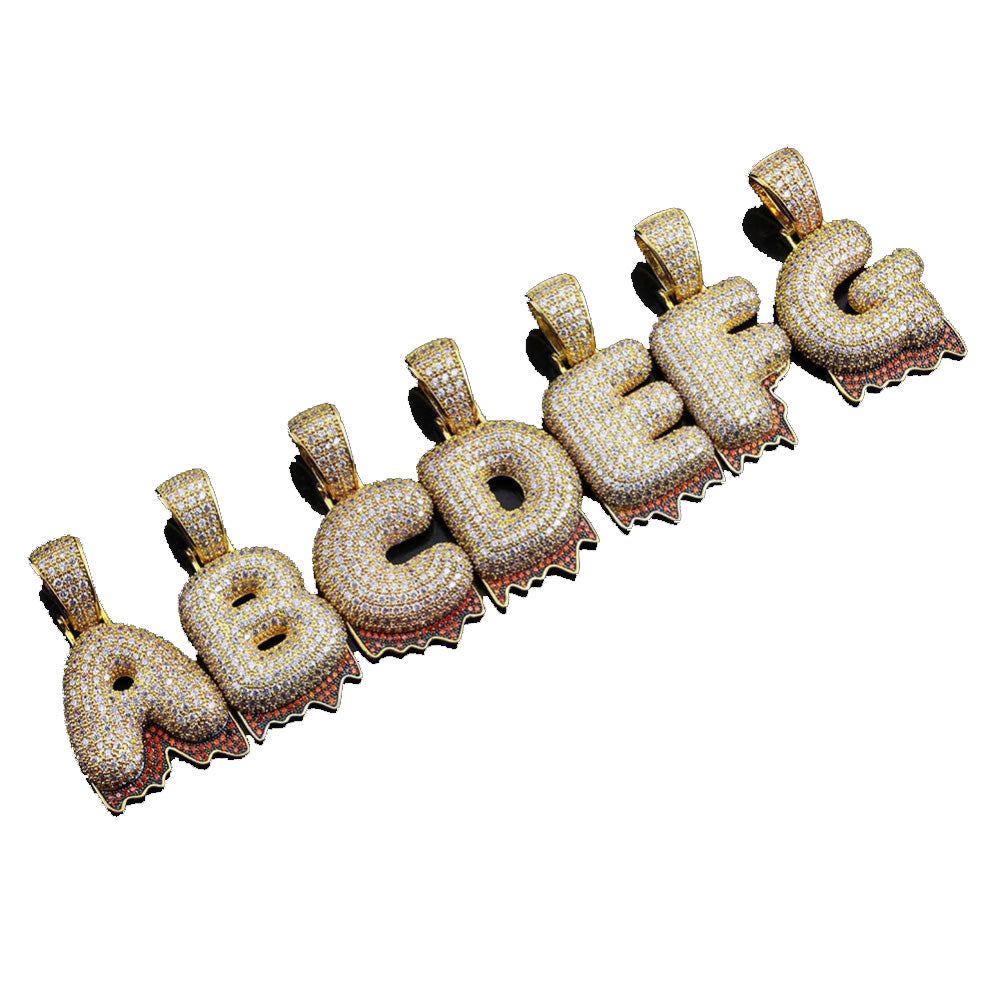 Custom Bubble Letters Initial A-Z Alphabet RED fire flame dripping cardi b drip drip diamond necklace 14K GOLD silver