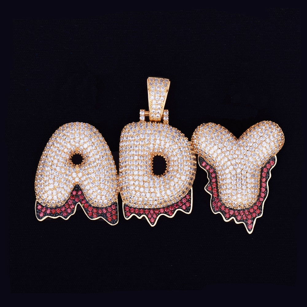 Custom Bubble Letters Initial A-Z Alphabet RED fire flame dripping cardi b drip drip diamond necklace 14K GOLD silver