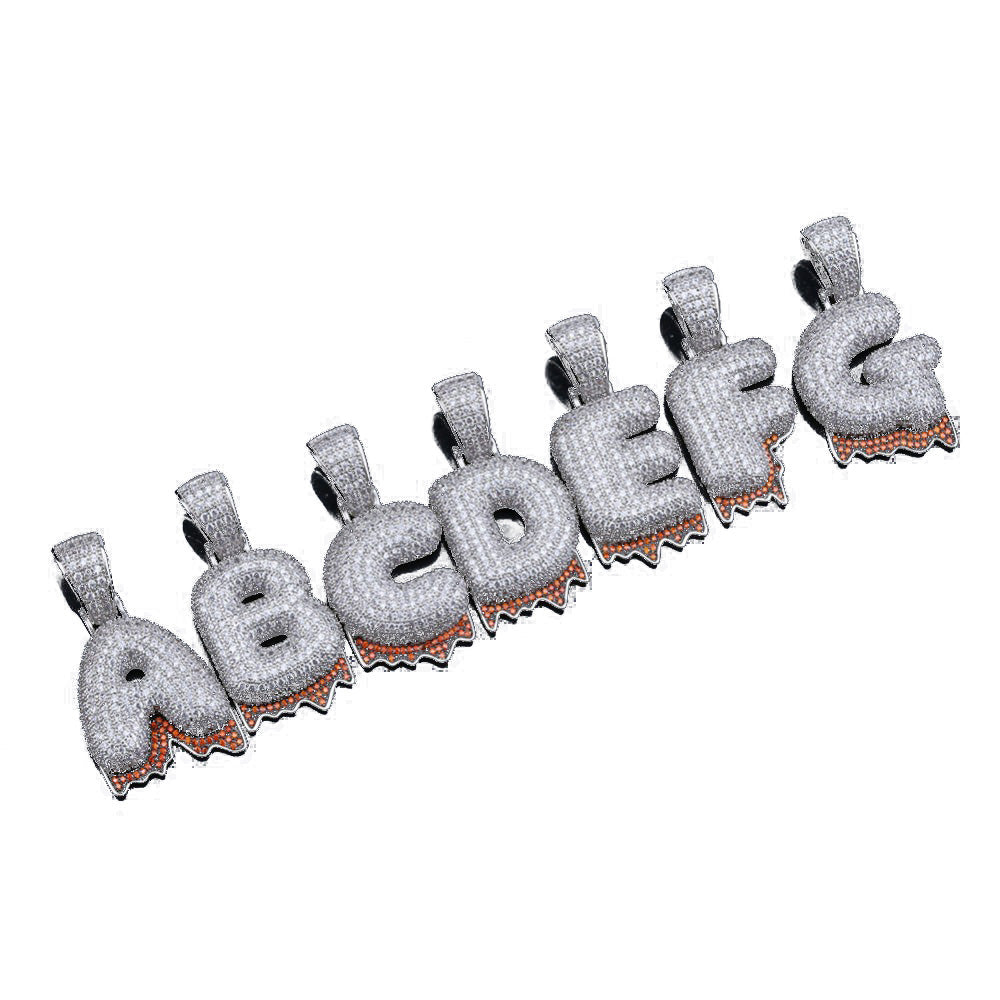 Custom Bubble Letters Initial A-Z Alphabet RED fire flame dripping cardi b drip drip diamond necklace 14K GOLD silver