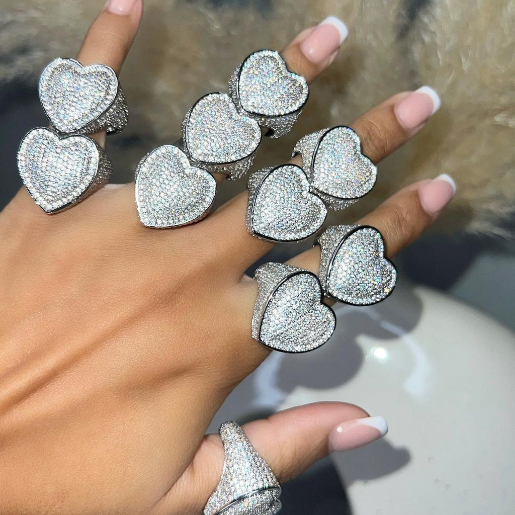 Fully iced 3D heart ring White Gold fashion nova shein coachella diamond ring hip hop jewelry rapper