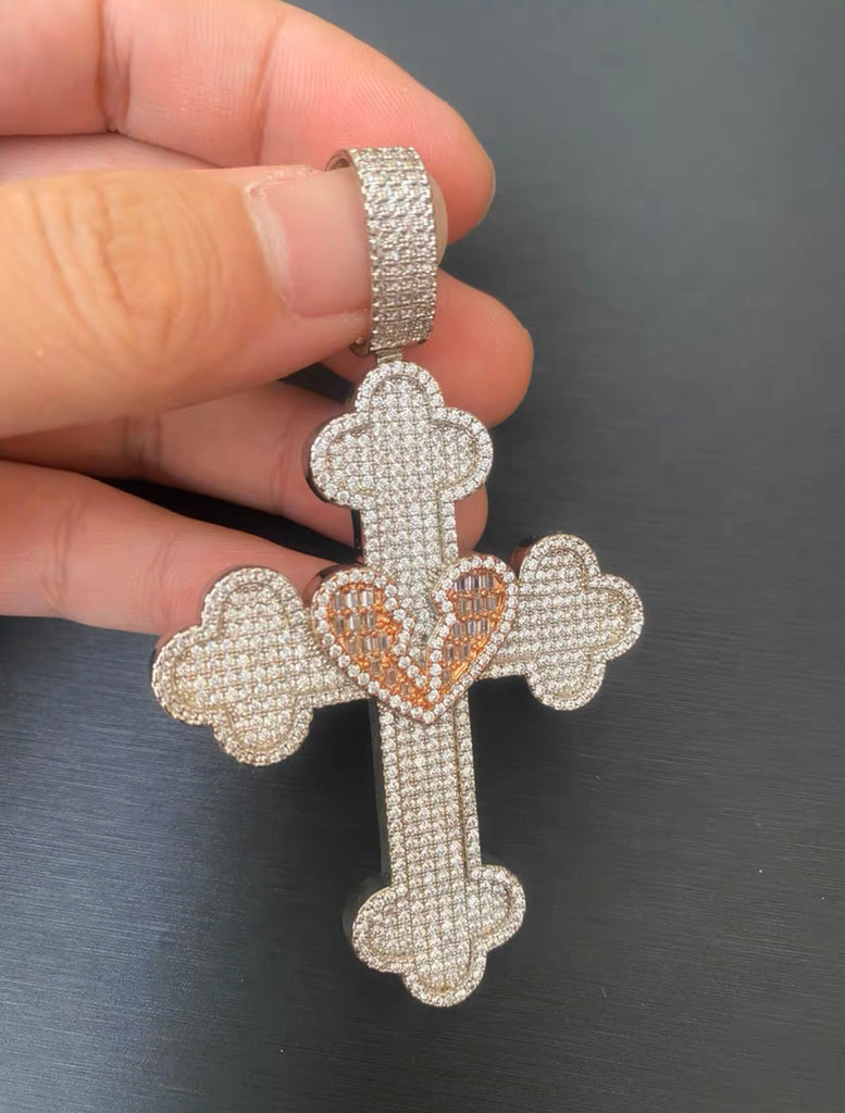 Vintage broken heart cross deluxe pendant & diamond necklace with free matching chain cuban links chain included as seen on Tyga.