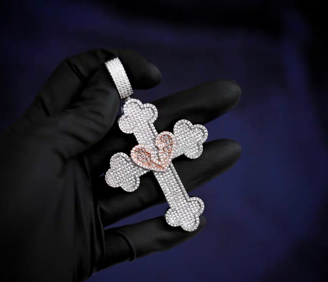 Vintage broken heart cross deluxe pendant &amp; diamond necklace with free matching chain cuban links chain included as seen on Tyga.