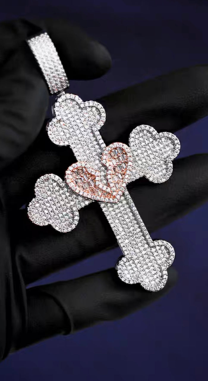 Vintage broken heart cross deluxe pendant & diamond necklace with free matching chain cuban links chain included as seen on Tyga.