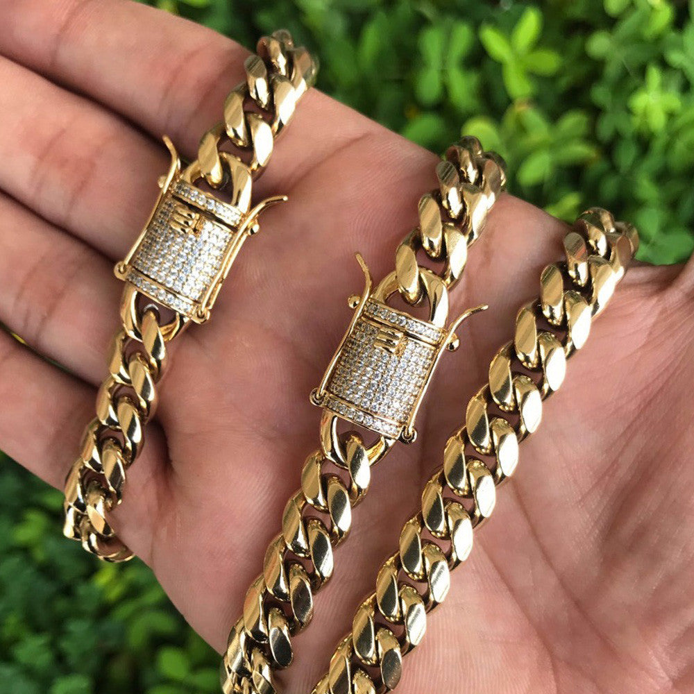 Cuban Link Chain Necklace with Fully Iced Custom Clasp 8 inch