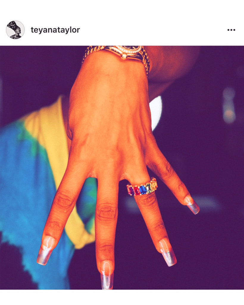 Teyana Taylor rainbow gemstone eternity ring
