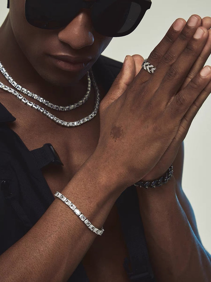 rectangle radiant cut diamond tennis link necklace chain diamond white gold travis rapper hip hop jewelery jewelers celebrity