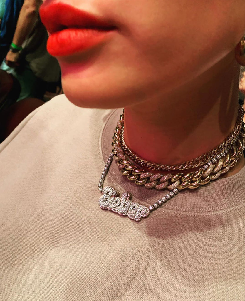 Hailey Bieber Wears Diamond Necklace With Her Married Last Name Vogue people.com custom name diamond necklace tennis link chain 