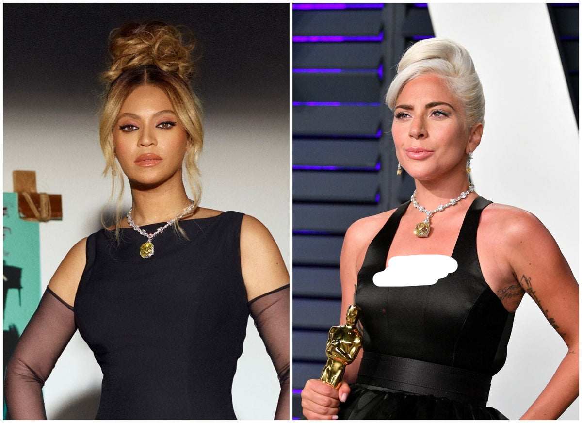 Beyoncé's Tiffany &amp; Co diamond necklace is worth $30 million harpersbazaar.com tiffany yellow diamond necklace beyonce' from The 128-carat yellow diamond was worn by Hepburn during the Breakfast At Tiffany's press tour in 1961, and was seen again on Lady Gaga