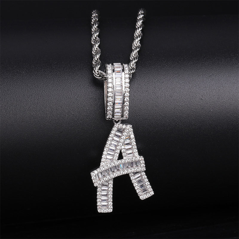 Custom A-Z baguette Letters Initial A-Z Charm pendant necklace chain diamond gold