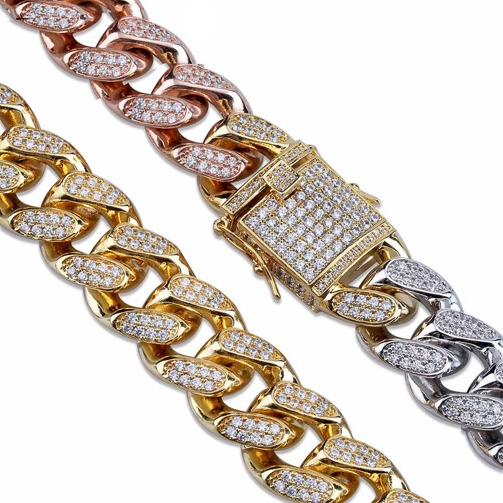 Miami Cuban Chain 14mm 18mm tri-colored Necklace Chain For Men Gold Silver Color Iced Out Micro Pave Cubic Zircon Hip Hop Jewelry shopgld