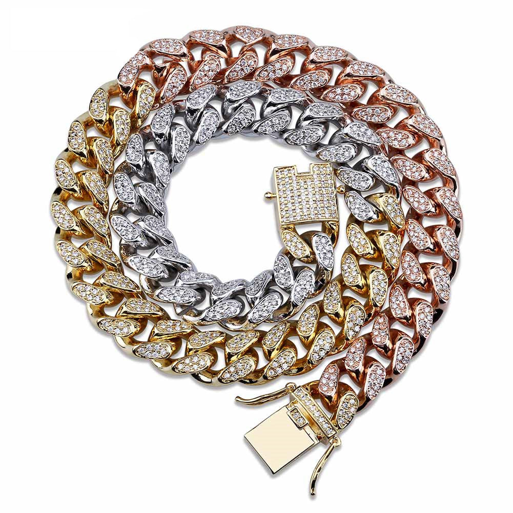 Miami Cuban Chain 14mm 18mm tri-colored Necklace Chain For Men Gold Silver Color Iced Out Micro Pave Cubic Zircon Hip Hop Jewelry shopgld