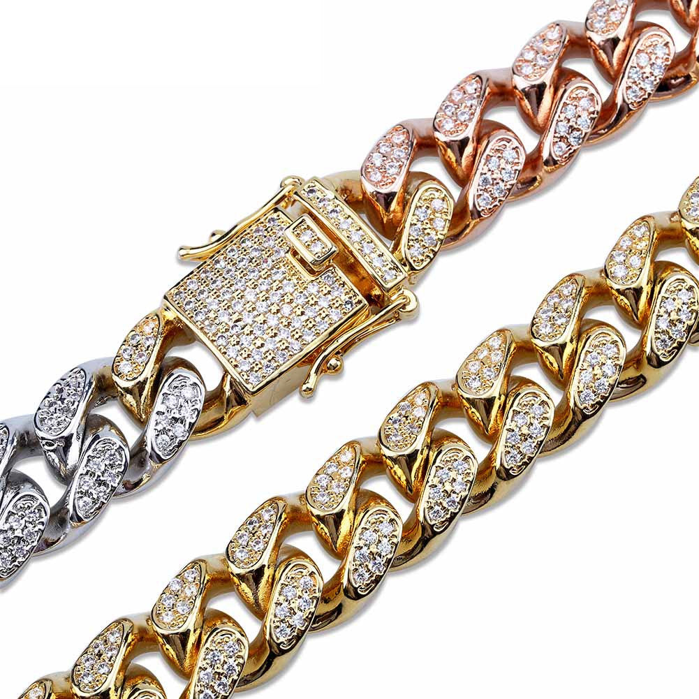 Miami Cuban Chain 14mm 18mm tri-colored Necklace Chain For Men Gold Silver Color Iced Out Micro Pave Cubic Zircon Hip Hop Jewelry shopgld
