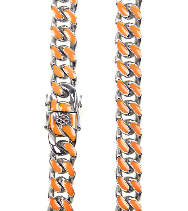 14mm Enamel Cuban Link Necklace Chain Orange