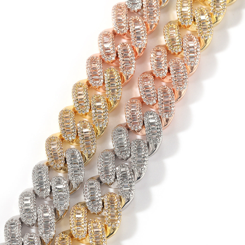 15mm cuban link necklace chain in baguette diamond White Gold Yellow Gold sterling silver hip hop jewelry cheap best quality custom made