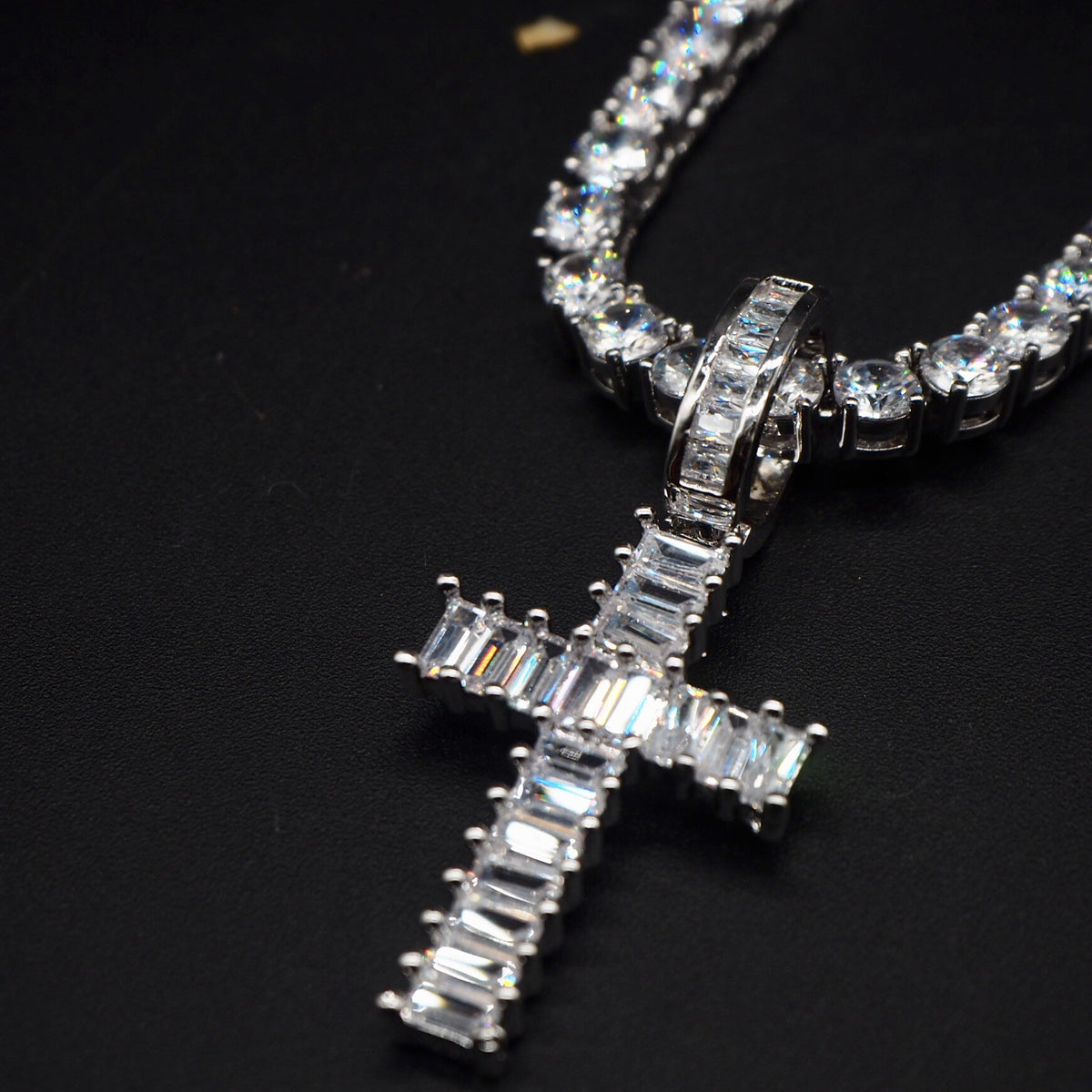 Baguette cross pendant &amp; necklace with free matching chain hiphop