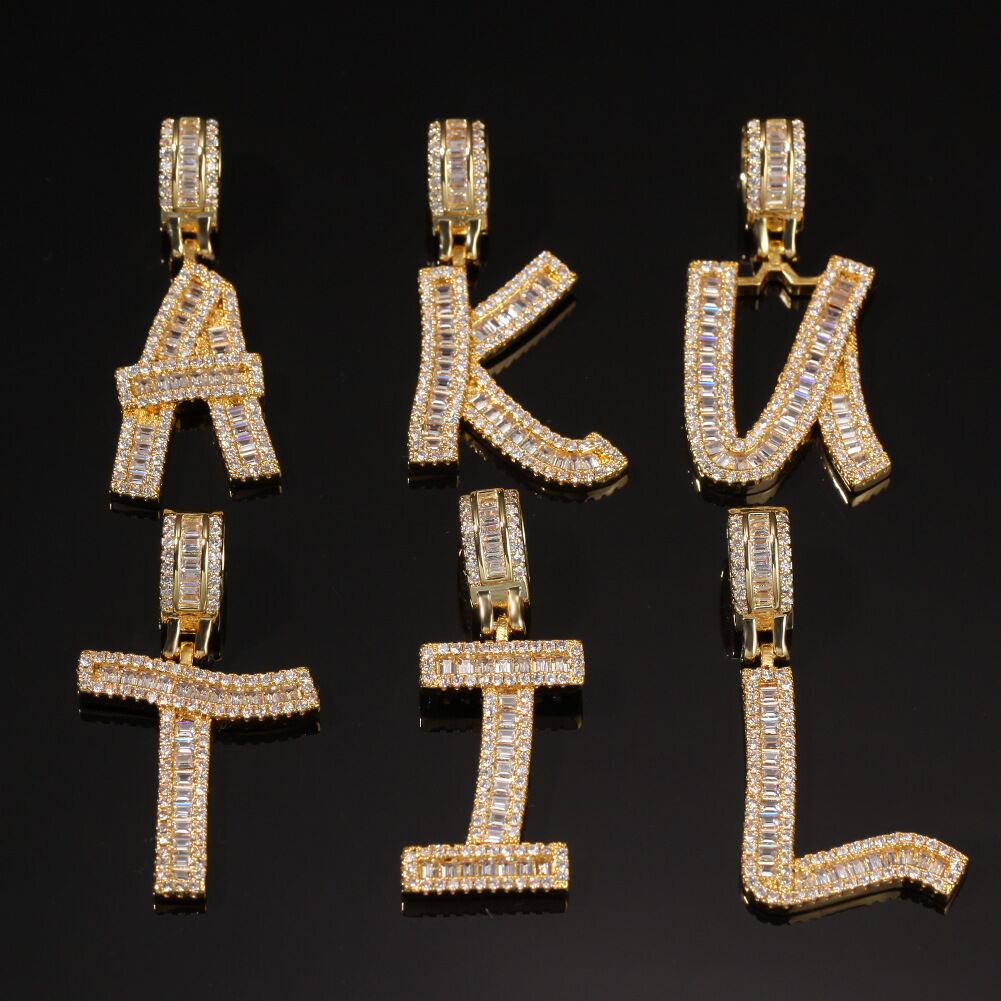 Custom A-Z baguette Letters Initial A-Z Charm pendant necklace chain diamond gold