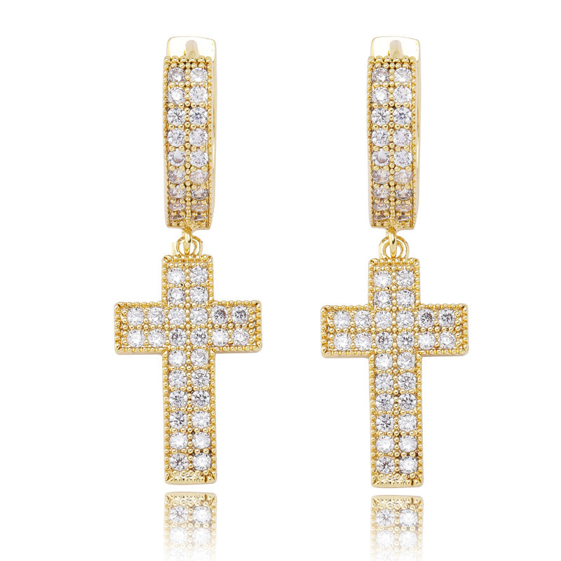 Dangling cross hoop earrings fully iced diamond ifandco shopgld