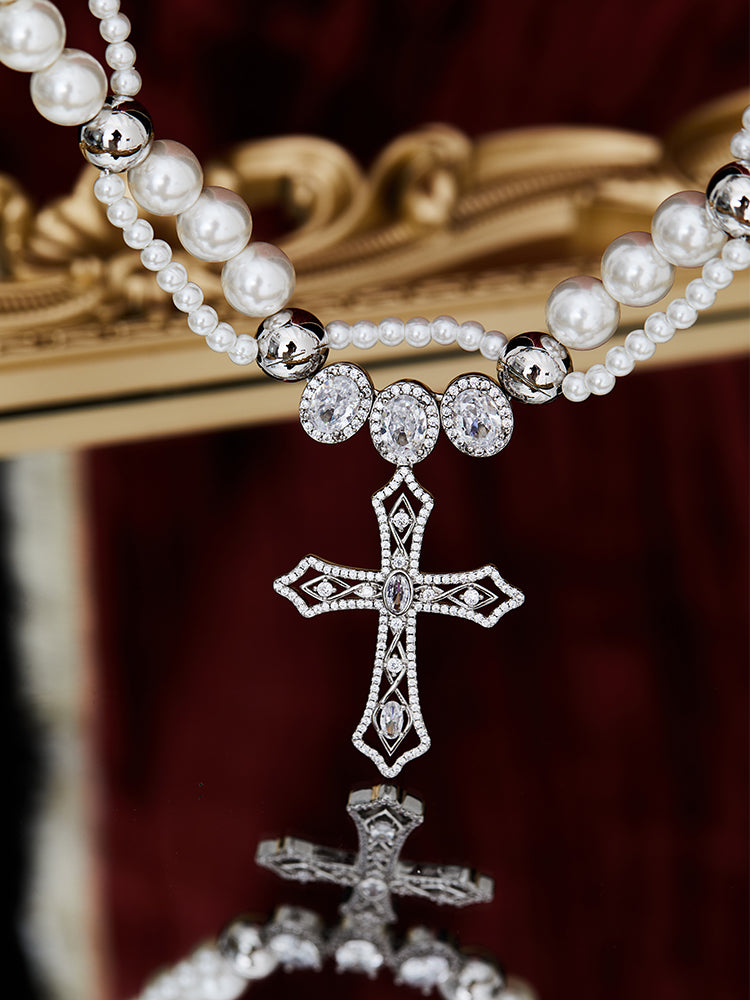 asaprocky migos custom chain solitaire halo diamonds interlaced freshwater pearl links with cross barroco necklace chain