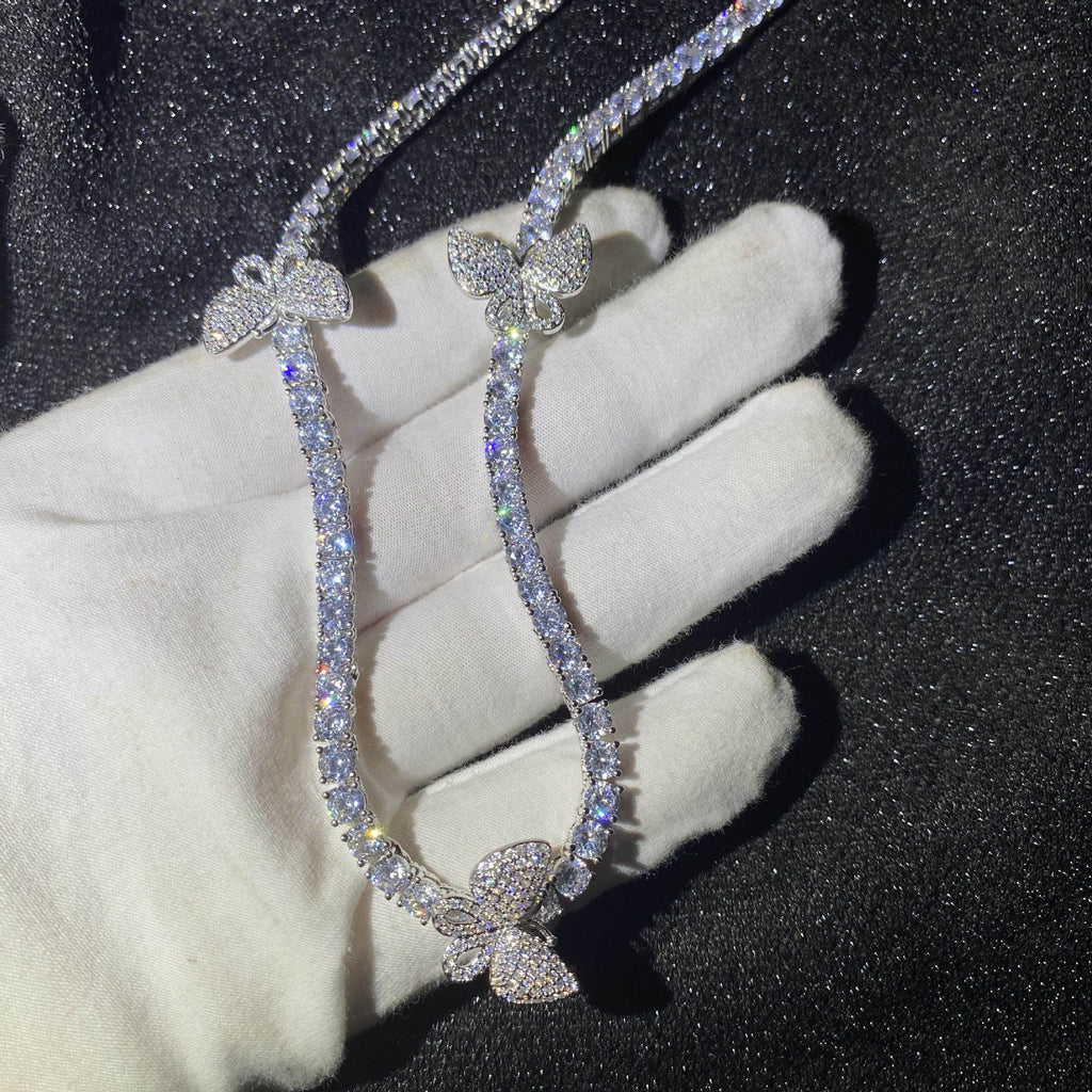 4mm tennis link with fully iced 3 butterflies short diamond necklace choker White Gold kylie jenner kardashians