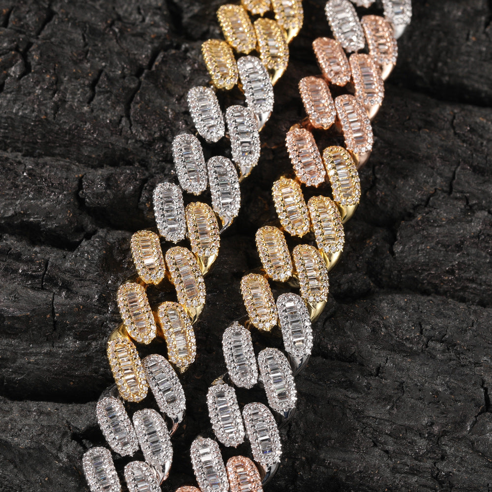 15mm cuban link necklace chain in baguette diamond White Gold Yellow Gold sterling silver hip hop jewelry cheap best quality custom made