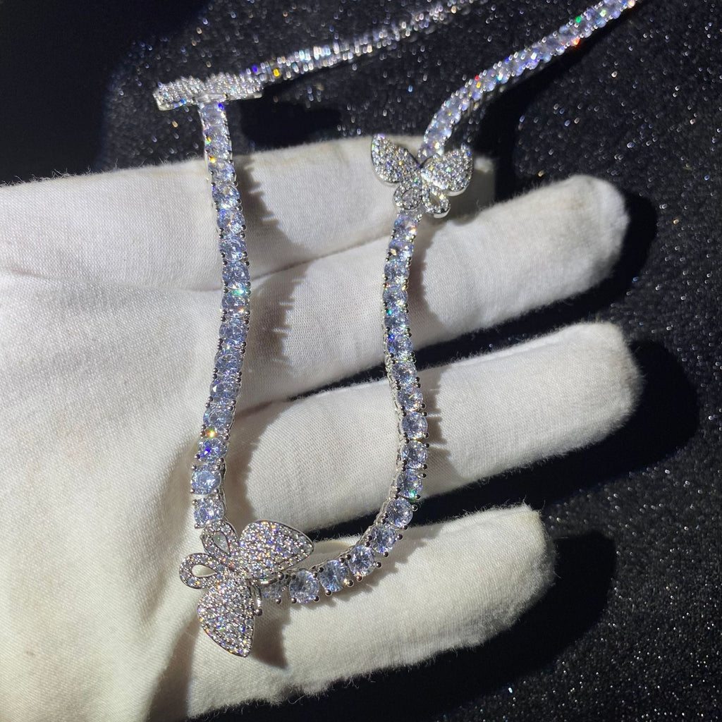 4mm tennis link with fully iced 3 butterflies short diamond necklace choker White Gold kylie jenner kardashians