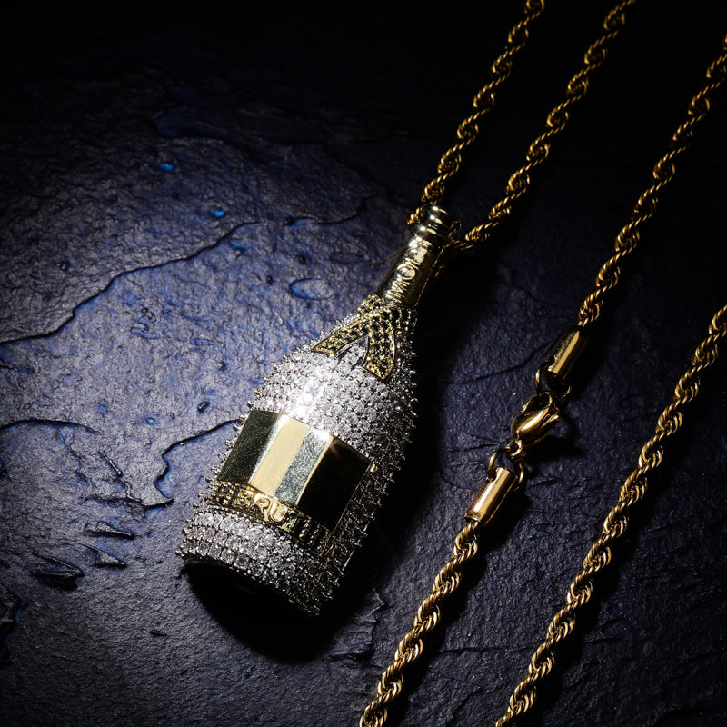 Fully iced diamond Moet &amp; Chandon Brut Imperial pendant necklace chain yellow gold rapper jewelry